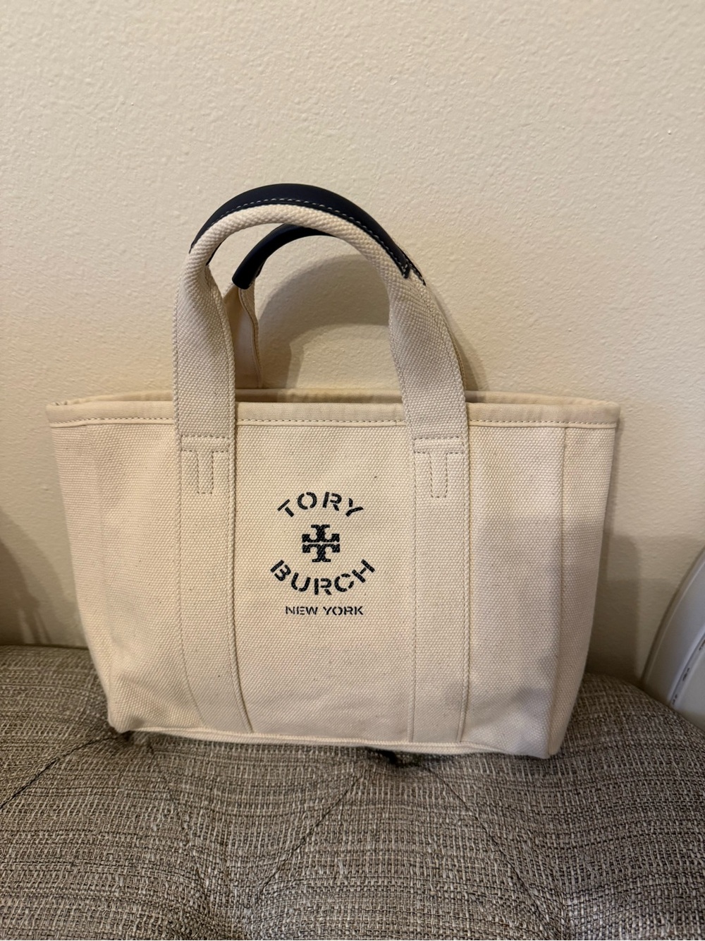 Tory Burch Mini Mercer Canvas Tote Bag - Ivory / Navy Blue Accent